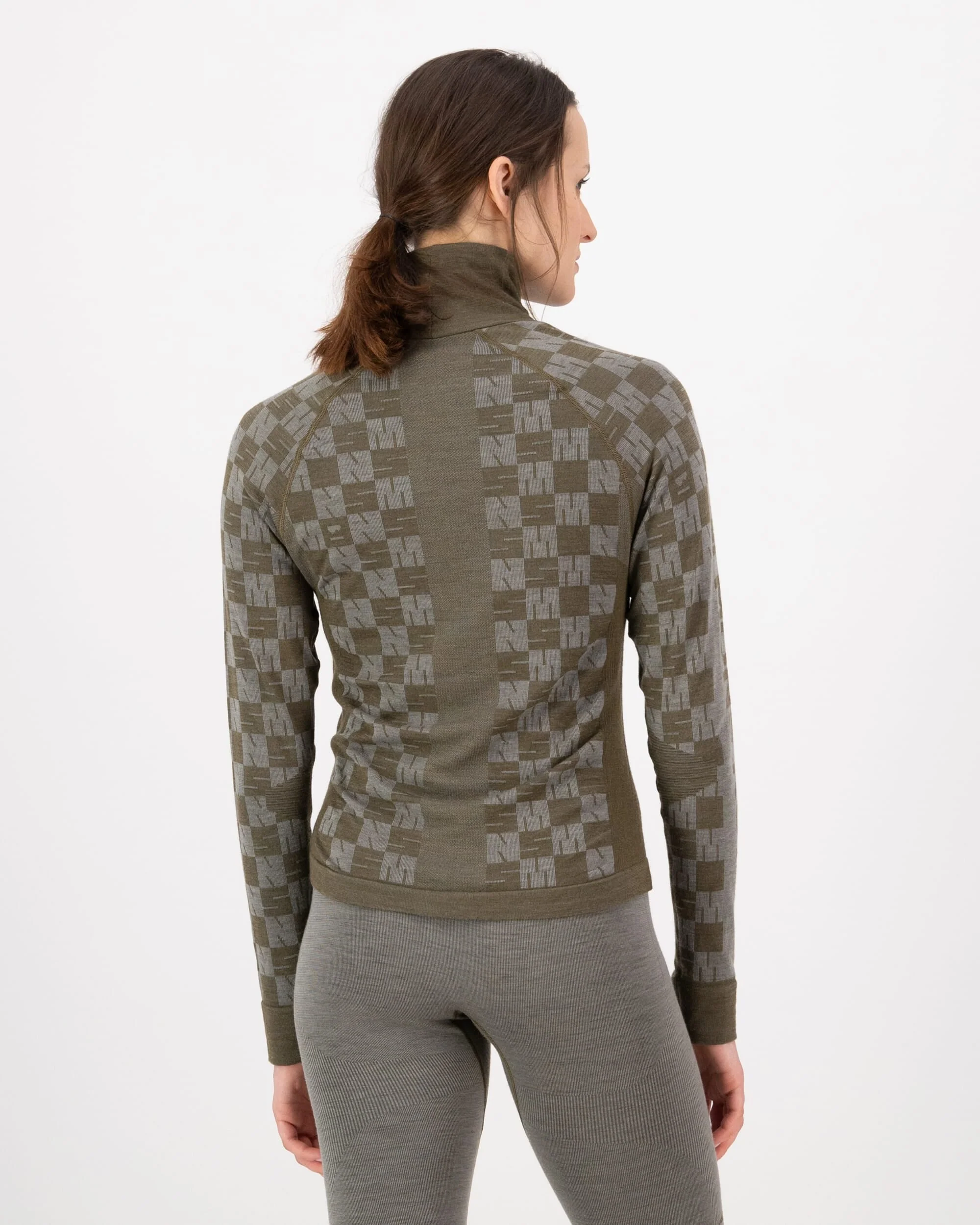 Ascender Merino Base Layer Mock Neck Long Sleeve - Dried Sage / Dark Olive | Women's Long Sleeve Top - Image 2