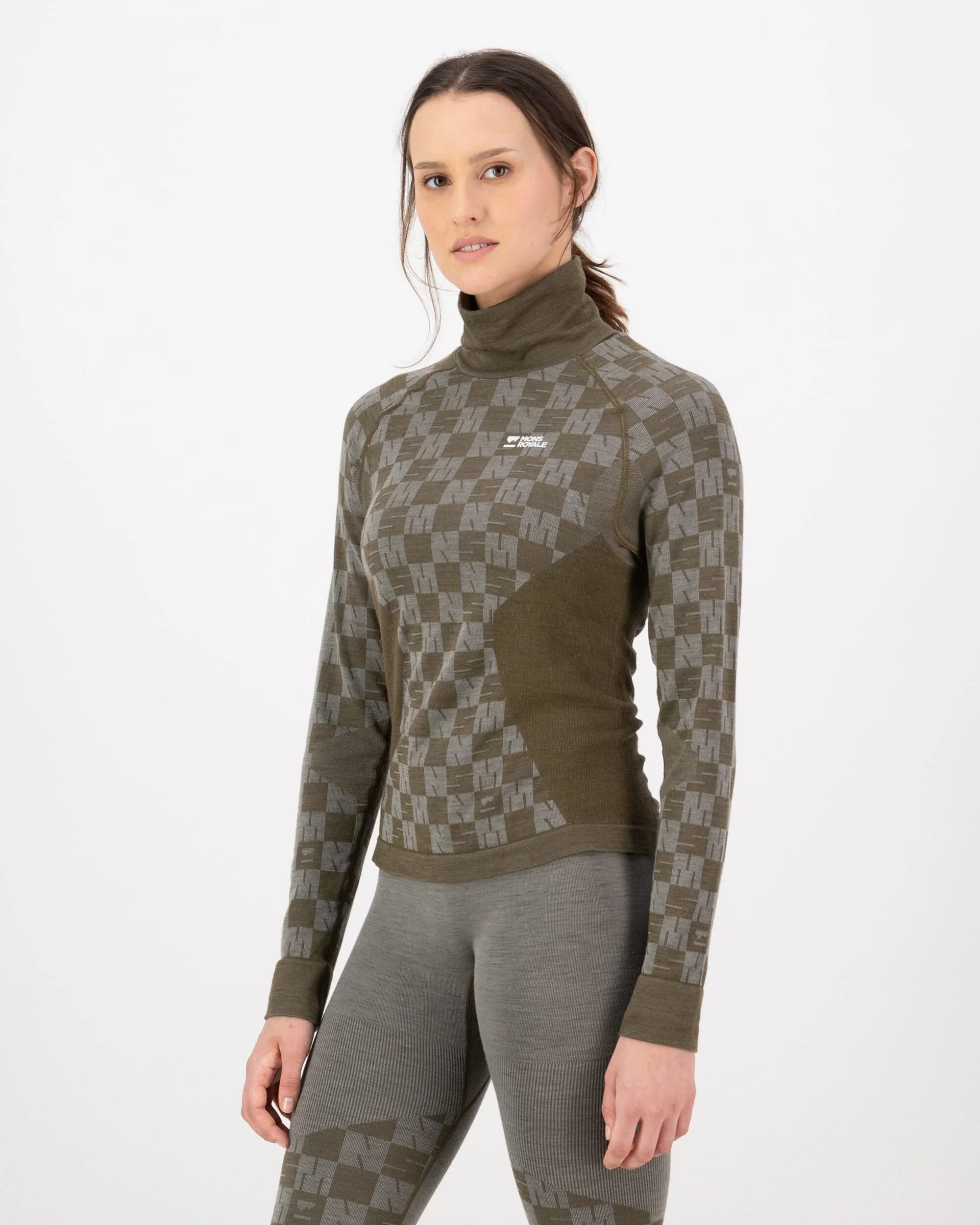Ascender Merino Base Layer Mock Neck Long Sleeve - Dried Sage / Dark Olive | Women's Long Sleeve Top - Image 3